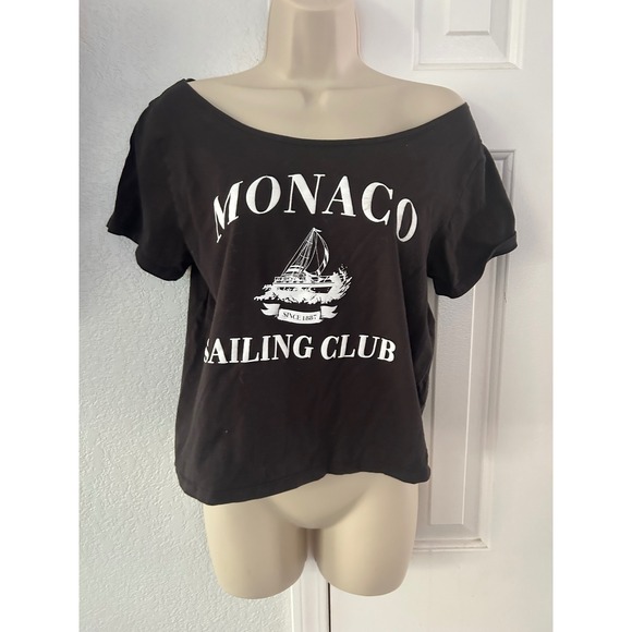 Organic Generation Tops - Organic Generation Monaco Sailing Club Graphic Tee Black Cotton Off Shoulder L